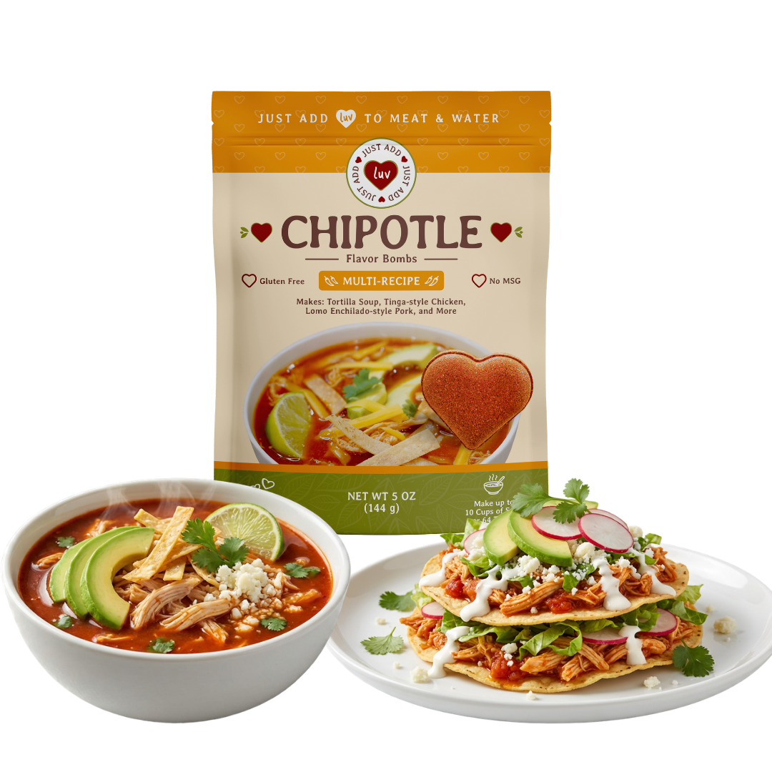 NEW - Chipotle Luv Bombs (2 per bag) - Tortilla Soup, Tinga-style Chicken, Lomo Enchilado-style Pork, etc.