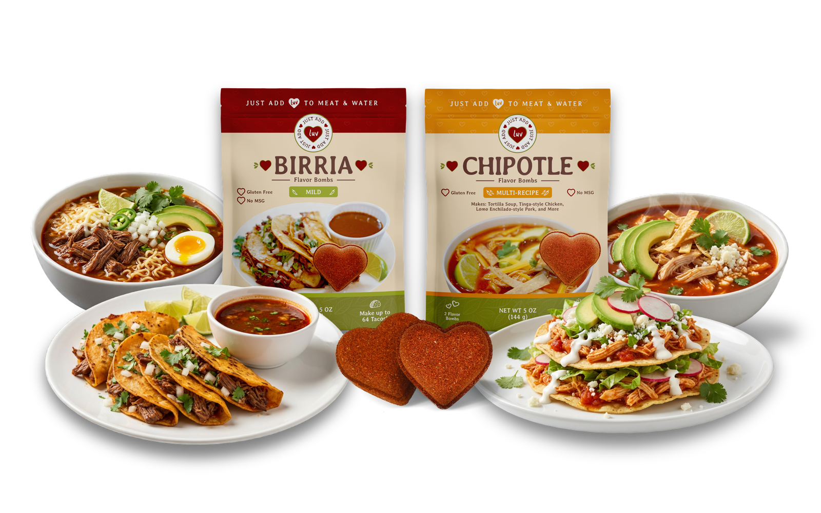 Just Add Luv Birria and Chipotle Flavor Bombs pouches with prepared meals and heart shaped flavor bombs